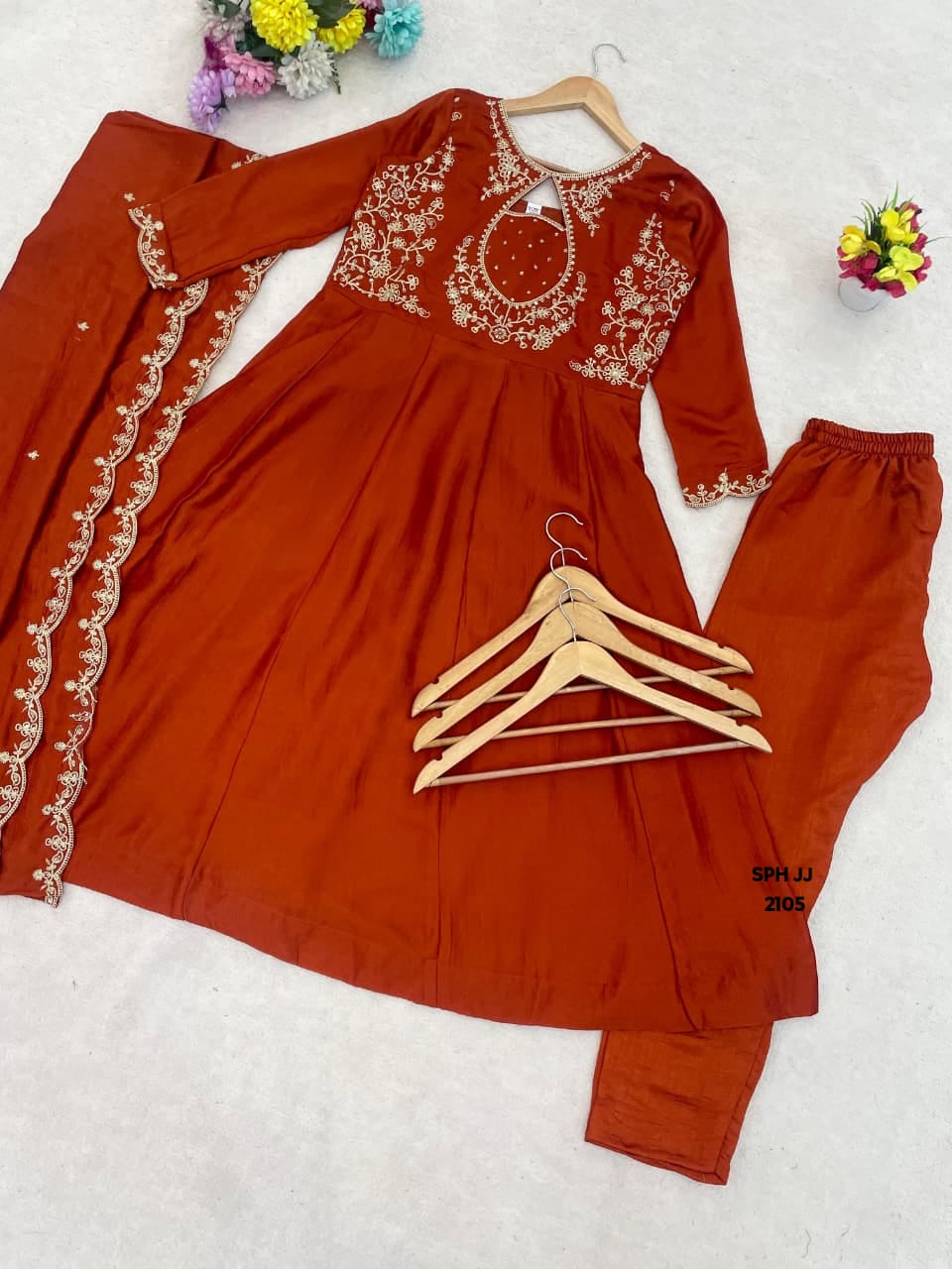 Rust Orange Embroidered Anarkali Kurti Set – Rust Orange & Silver